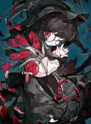 1girl absurdres black_dress black_hair black_hat blue_background blue_hair braid dress flower glasses hat highres holding holding_flower looking_at_viewer medium_hair one_eye_closed open_mouth original red_eyes red_flower smile solo soresaki twin_braids upper_body white_sleeves