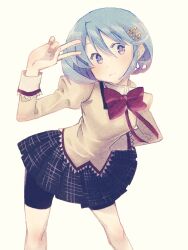 1girl bike_shorts bike_shorts_under_skirt black_shorts black_skirt blue_hair bow bowtie hair_ornament hairclip hand_on_own_hip highres looking_at_viewer mahou_shoujo_madoka_magica mahou_shoujo_madoka_magica_(anime) miki_sayaka mitakihara_school_uniform notesaihahi puffy_sleeves red_bow red_bowtie school_uniform short_hair shorts simple_background skirt solo v white_background