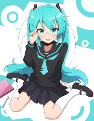 1girl alternate_costume bespectacled black_sailor_collar black_serafuku black_shirt black_shoes black_skirt blush full_body glasses green_eyes green_hair green_necktie hatsune_miku highres light_smile long_hair long_sleeves looking_at_viewer mary_janes necktie nel-c notebook pen pleated_skirt rimless_eyewear sailor_collar sailor_shirt school_uniform serafuku shirt shoes sitting skirt socks solo twintails very_long_hair vocaloid wariza white_socks