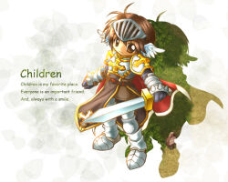 1boy 2000s_(style) ahoge armor armored_boots belt black_belt black_tabard boots breastplate brown_eyes brown_hair cape chibi chibi_only closed_mouth commentary_request cross english_text engrish_text feathered_wings full_body game_screenshot_background head_wings holding holding_sword holding_weapon looking_at_viewer lord_knight_(ragnarok_online) male_focus miesa pauldrons ragnarok_online ranguage red_cape screenshot_background short_hair shoulder_armor smile solo spiked_gauntlets standing sword tabard visor_(armor) weapon white_wings wings