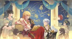 2girls 5boys abs ancient_greek_clothes antenna_hair architecture arm_tattoo armlet armor black_choker black_coat black_gloves black_shirt blonde_hair blue_eyes book braid caelus_(honkai:_star_rail) chest_tattoo chiton choker coat commentary dan_heng_(honkai:_star_rail) dan_heng_(hunt)_(honkai:_star_rail) english_commentary facial_tattoo fingerless_gloves flower gloves gold_necklace gradient_hair greco-roman_architecture greco-roman_clothes hair_between_eyes hair_flower hair_ornament highres holding holding_book honkai:_star_rail honkai_(series) jewelry medium_hair milcanna multicolored_hair multiple_boys multiple_girls mydei_(honkai:_star_rail) necklace open_clothes open_coat pauldrons phainon_(honkai:_star_rail) red_hair red_tattoo shirt short_hair shoulder_armor side_braid single_pauldron sitting tattoo toned toned_male trailblazer_(honkai:_star_rail) tribbie_(honkai:_star_rail) white_coat white_hair yellow_eyes