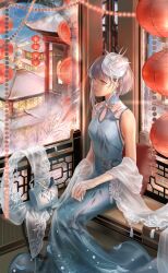 Rule 34 | 1girl, bare shoulders, bird brooch, blue dress, breasts, china dress, chinese clothes, cleavage, copyright name, dated commentary, dress, earrings, game cg, hat, highres, indoors, jewelry, lamp, lamppost, night, night sky, nikki (series), official art, shaded face, shawl, shining nikki, sitting, sky, solo, sparrow nest (shining nikki), timestamp, white hair, white hat, white shawl, window, yellow eyes, yexiao (shining nikki)