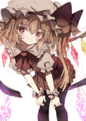 1girl ascot black_pantyhose blonde_hair closed_mouth crystal crystal_wings embodiment_of_scarlet_devil flandre_scarlet hat hat_ribbon highres leaning_forward looking_at_viewer mob_cap natsume_suzuri pantyhose puffy_short_sleeves puffy_sleeves red_ascot red_eyes red_ribbon ribbon shirt short_hair short_sleeves simple_background skirt solo touhou white_background wings wrist_cuffs
