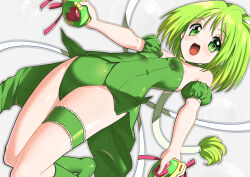 bare_shoulders boots covered_navel detached_sleeves green_boots green_eyes green_hair green_leotard highres holding leotard lettustanets mew_lettuce midorikawa_lettuce open_mouth puffy_detached_sleeves puffy_sleeves short_hair smile thigh_strap toku_sonchou tokyo_mew_mew