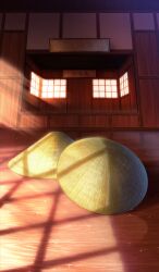ajirogasa commentary dojo fate/grand_order fate_(series) hat indoors lasengle light_particles light_rays no_humans object_focus official_art orange_theme scenery still_life sunbeam sunlight third-party_source unworn_hat unworn_headwear window
