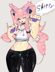 animal_ears animal_hands blush breasts cat_ears cat_girl cat_tail choker furry furry_female gen_3_pokemon highres hood hoodie large_breasts leggings long_hair looking_at_viewer midriff navel nintendo one_eye_closed pawpads pink_fur pink_hair pokemon pokemon_(creature) purple_eyes ribbon sidelocks skitty smile tail thick_thighs thighs togetoge twintails wide_hips wink