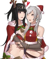 2girls antler_ornament ao_saryaruhu armlet armpit_crease bare_shoulders bikini black_eyes black_hair bracelet breasts brown_eyes cloak collarbone couple crop_top earrings elbow_gloves eyelashes fake_horns female_focus fingerless_gloves fingernails fire_emblem fire_emblem_awakening gloves happy hat heart height_difference highres hime_cut horns hug jewelry large_breasts long_hair medium_breasts midriff multiple_girls navel neck neck_bell nintendo one_eye_closed open_mouth pendant revealing_clothes robin_(female)_(fire_emblem) robin_(fire_emblem) santa_bikini santa_costume santa_hat shirt short_twintails sidelocks simple_background smile standing swept_bangs tharja_(fire_emblem) tiara turtleneck turtleneck_shirt twintails waist_hug white_background white_hair wink yuri