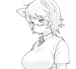 1girl body_fur breasts dog_girl furry furry_female glasses greyscale kikurage_(crayon_arts) large_breasts looking_to_the_side monochrome original school_uniform short_hair simple_background solo sweater_vest upper_body white_background