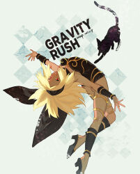 1girl ass black_cat black_hairband black_leg_warmers black_leotard black_scarf black_shoes blonde_hair breasts cat chinese_commentary commentary_request copyright_name dark-skinned_female dark_skin dated dusty_(gravity_daze) full_body gold_thighlet gravity_daze hairband high_heels kitten_(gravity_daze) leg_warmers leotard long_hair looking_at_viewer rampu red_eyes scarf shoes smile solo strapless strapless_leotard teeth vambraces
