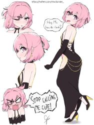 1girl :d absurdres angry artist_name ass backless_dress backless_outfit bare_back bare_shoulders black_dress black_footwear black_gloves black_ribbon blush bob_cut breasts chain commentary doki_doki_literature_club dress earrings elbow_gloves english_commentary english_text eyelashes fang foot_up from_side full-face_blush gianxander gloves gold_chain hair_ornament hair_over_one_eye hair_ribbon halter_dress halterneck head_tilt high_heels highres hip_vent jewelry looking_to_the_side meme_attire modakawa_dress multiple_views natsuki_(doki_doki_literature_club) nose_blush one_eye_closed open_mouth pink_eyes pink_hair ribbon shoes short_hair shouting signature simple_background sleeveless sleeveless_dress small_breasts smile solo_focus speech_bubble standing swept_bangs teasing tongue tongue_out tsundere twitter_username two-tone_footwear two_side_up v-shaped_eyebrows v-shaped_eyes watermark wavy_mouth web_address white_background x_hair_ornament yellow_shoes