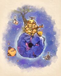 Rule 34 | 1other, banjo, campfire, can, fire, helmet, highres, holding, holding instrument, instrument, music, outer wilds, paseritaberuman, planet, playing instrument, riebeck (outer wilds), sitting, space, tree