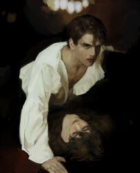 2boys alternate_universe black_hair black_shirt blouse blurry blurry_background boy_on_top hair_between_eyes highres implied_yaoi kim_dokja looking_at_another macaronijail male_focus multiple_boys muted_color narrowed_eyes omniscient_reader&#039;s_viewpoint open_clothes open_shirt pectorals red_eyes sepia shirt short_hair upper_body white_shirt yoo_joonghyuk