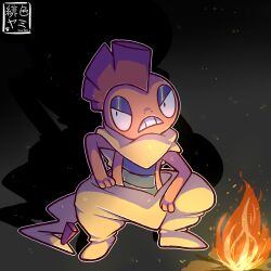 absurdres colored_skin gen_5_pokemon highres hood hoodie lizard mohawk nintendo no_humans orange_skin pants pokemon pokemon_(creature) pokemon_focus red_hair scrafty shedding shedding_skin v-shaped_eyes yamihiiro