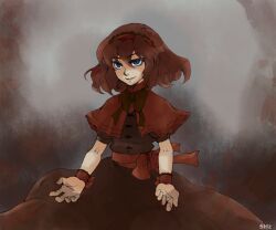 Rule 34 | 1girl, alice margatroid, alternate color, bow, brown bow, brown dress, brown hair, capelet, dark persona, dress, frills, hairband, looking to the side, m.u.g.e.n, nakano su, open hands, physalis (mugen), red bow, red capelet, red hairband, solo, waist bow, wrist cuffs