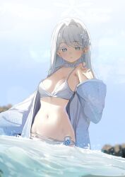 1girl absurdres bikini blue_archive blue_sky blurry blush breasts colored_eyelashes commentary_request day depth_of_field flower grey_eyes hair_flower hair_ornament halo hand_up haori highres inu_lin japanese_clothes long_sleeves looking_at_viewer medium_breasts nagusa_(blue_archive) nagusa_(swimsuit)_(blue_archive) navel ocean official_alternate_costume outdoors partially_submerged sky solo stomach swimsuit water wet white_bikini white_flower white_hair white_halo white_haori