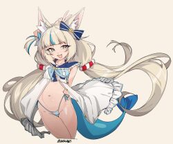 1girl :d animal_ear_fluff animal_ears arms_behind_back artist_name bare_arms bare_shoulders bikini blonde_hair blue_bikini blue_hair blue_sailor_collar cat_ears cat_girl cowboy_shot dress fang fins fish_girl fish_tail flat_chest frilled_dress frills highleg highleg_bikini indie_virtual_youtuber lifebuoy_hair_ornament long_hair low_twintails multicolored_hair navel open_clothes open_dress open_mouth sailor_collar sailor_dress sameko_saba shark_girl shark_tail side-tie_bikini_bottom simple_background skin_fang smile solo stomach streaked_hair striped_bikini striped_clothes swimsuit tail tilt-shift_(azalanz) twintails twitter_username two-tone_hair very_long_hair virtual_youtuber white_background white_bikini white_dress