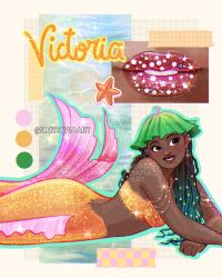 1girl aqua_hair artist_name black_hair character_name dark-skinned_female dark_skin gradient_hair green_hat hat highres long_hair luztapiaart lying mermaid monster_girl multicolored_hair on_stomach original two-tone_hair victoria_(luztapiaart) watermark