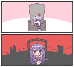 1girl absurdres barbed_wire brooch chibi commentary crossed_legs crown dress english_commentary grin highres hololive hololive_english jewel_under_eye jewelry king_(vocaloid) koseki_bijou long_hair looking_at_viewer mpien pebble_(koseki_bijou) purple_hair sitting smile throne virtual_youtuber