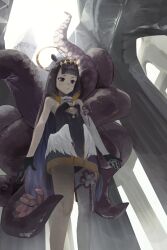 1girl absurdres black_dress black_gloves black_hair black_panties breasts diamond_hairband dress from_below gloves gradient_hair grey_eyes halo havoconelust highres hololive hololive_english low_wings multicolored_hair ninomae_ina&#039;nis ninomae_ina&#039;nis_(1st_costume) orange_hair orange_halo panties single_sleeve single_thighhigh small_breasts solo strapless strapless_dress tentacle_hair tentacles thighhighs tube_dress underwear upskirt virtual_youtuber white_sleeves white_thighhighs wings