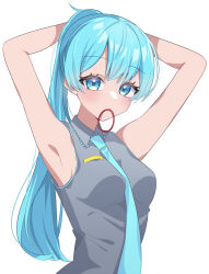 Rule 34 | 1girl, adjusting hair, alternate hairstyle, aqua eyes, aqua hair, arm up, armpits, arms behind head, bare shoulders, between breasts, blue necktie, breast pocket, breasts, collar, collared shirt, dot nose, double-parted bangs, eyebrows hidden by hair, frilled collar, frills, grey shirt, hair tie in mouth, hands in hair, hatsune miku, head tilt, high ponytail, highres, light blush, long eyelashes, long hair, looking at viewer, medium breasts, mouth hold, necktie, necktie between breasts, pocket, ponytail, raised eyebrows, ria illust, shirt, sidelocks, simple background, sleeveless, sleeveless shirt, solo, thick eyelashes, three quarter view, upper body, vocaloid, white background