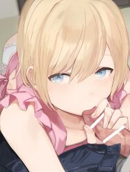 1boy apron bar_censor blonde_hair blue_eyes blush censored crossdressing fellatio handjob male_focus oral original penis pointless_censoring pov short_hair solo_focus sunaba_(nczd5875) trap upper_body yaoi