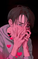1boy alien_stage black_background black_eyes black_hair commentary english_commentary gradient_background hands_on_own_face highres hood hoodie ivan_(alien_stage) kwnce male_focus red_background red_pupils short_hair signature solo sweat very_short_hair white_hoodie