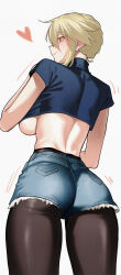 1girl absurdres alternate_costume artoria_pendragon_(fate) artoria_pendragon_(lancer_alter)_(fate) ass bare_arms black_pantyhose blue_shirt breasts closed_mouth cowboy_shot crop_top denim denim_shorts fate/grand_order fate_(series) from_behind hair_between_eyes heart high-waist_pantyhose highres kamisato_sora large_breasts looking_at_viewer looking_back midriff pantyhose shirt short_sleeves shorts sidelocks simple_background solo turtleneck turtleneck_shirt underboob white_background yellow_eyes