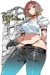 1girl black_panties breasts brown_hair choker closed_mouth collarbone cowboy_shot gloves green_eyes grey_gloves highres kafun looking_at_viewer navel o-ring_arm_strap original panties raised_eyebrows short_hair simple_background solo tagme underwear white_background