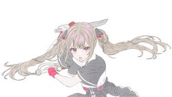 1girl assault_lily belt black_belt black_ribbon black_skirt blush bow braid braided_hair_rings brown_hair commentary_request cropped_jacket dual_wielding fighting_stance fingerless_gloves floating_hair frilled_skirt frills gloves hair_ribbon hair_rings highres holding holding_sword holding_weapon imai_seira leaning_forward long_hair looking_at_viewer open_mouth pickles_(picpicpickles) pleated_skirt purple_eyes red_gloves red_ribbon ribbon school_uniform shirt short_sleeves simple_background skirt solo standing sword teeth twintails two-tone_ribbon underbust upper_body upper_teeth_only v-shaped_eyebrows very_long_hair weapon white_background white_bow white_shirt wide_sleeves yurigaoka_girls_academy_school_uniform