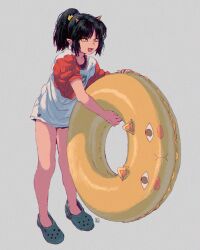 1girl black_hair crocs fang fangs full_body grey_background high_ponytail highres holding horns innertube looking_at_viewer oni_horns original ponytail simple_background solo swim_ring ttanne yellow_eyes