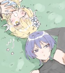 Rule 34 | 1boy, 1girl, arm behind head, arm up, armpits, black bodysuit, black bridal gauntlets, black gloves, blonde hair, blue flower, blue scarf, blunt ends, bodysuit, bridal gauntlets, covered collarbone, eyelashes, eyeliner, eyeshadow, feather hair ornament, feathers, fingernails, flower, genshin impact, gloves, hair between eyes, hair flower, hair ornament, highres, looking at viewer, looking to the side, looking up, lumine (genshin impact), lying, makeup, mandarin collar, nonameoekaki, on back, on grass, one eye closed, open hand, partially fingerless gloves, purple eyes, purple hair, red eyeliner, red eyeshadow, scaramouche (genshin impact), scarf, short hair, short hair with long locks, sidelocks, tareme, tsurime, wanderer (genshin impact), white feathers, wispy bangs, yellow eyes