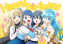 Rule 34 | 4girls, ahoge, aoi saki (senpai wa otokonoko), black hair, black ribbon, blonde hair, blue eyes, blue hair, blue sailor collar, blue skirt, blush, bow, detached sleeves, dress, elfaria albis serfort, english text, flipped hair, green eyes, hair bow, happy birthday, hirogaru sky! precure, long hair, long sleeves, medium hair, multiple girls, neck ribbon, off-shoulder dress, off shoulder, open mouth, pleated skirt, precure, princess (princess principal), princess principal, red ribbon, ribbon, sailor collar, school uniform, sekine akira, senpai wa otokonoko, serafuku, shirt, short hair, short sleeves, side ponytail, single sidelock, skirt, smile, sora harewataru, taniguchi gou, tsue to tsurugi no wistoria, two-tone dress, two-tone shirt, voice actor connection, white dress, white shirt, yellow bow