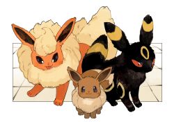 :3 animal_focus closed_mouth commentary_request dot_nose eevee evolutionary_line flareon fluffy gen_1_pokemon gen_2_pokemon newo_(shinra-p) nintendo no_humans pokemon pokemon_(creature) pokemon_focus smile tongue tongue_out umbreon