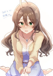 1girl absurdres ahoge barefoot belt blue_skirt blush breasts brown_hair cardigan character_name cleavage clothes_tug collarbone dated double-parted_bangs embarrassed eyelashes furrowed_brow green_eyes hair_intakes highres idolmaster idolmaster_million_live! idolmaster_million_live!_theater_days jewelry long_hair long_skirt looking_at_viewer natsuki_p necklace nose_blush official_alternate_costume official_alternate_hairstyle parted_lips pov sakuramori_kaori shirt sitting skirt solo_focus swept_bangs wariza wavy_hair white_shirt yellow_cardigan