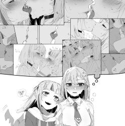 2girls blush breath carrot_011 collared_shirt fins fish_tail food french_kiss gawr_gura gawr_gura_(1st_costume) greyscale hair_ornament highres hololive hololive_english hood hood_down hoodie imagining kiss looking_at_another medium_hair monochrome multiple_girls necktie nose_blush open_mouth pizza pizza_slice saliva shark_girl shark_tail sharp_teeth shirt short_hair smile speech_bubble spoken_food sweat tail tail_wagging teeth thought_bubble tongue upper_body virtual_youtuber watson_amelia watson_amelia_(1st_costume) yuri