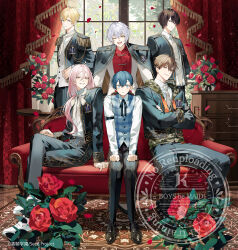 6+boys :&lt; ;d absurdres aimery_cenoir amaki_rou antenna_hair arm_support bandaid bandaid_on_face belt belt_buckle black_belt black_boots black_hair black_jacket black_pants black_ribbon black_shoes blonde_hair blue_eyes blue_hair blue_vest blunt_sidelocks boots boys_be_maid! brown_eyes brown_hair buckle camouflage camouflage_jacket chinese_clothes closed_mouth collar_chain_(jewelry) collared_shirt copyright_notice couch crossed_arms crossed_legs curtains day double-parted_bangs drawer drawstring dress_shoes epaulettes expressionless flower frilled_shirt_collar frills full_body grey_eyes grey_vest hair_between_eyes hair_over_shoulder hands_on_own_thighs high-waist_pants highres himeutsugi_rei indoors jacket jacket_on_shoulders kiku_shumei kisaki_yoka light_particles loafers long_hair long_sleeves looking_at_viewer low_ponytail male_focus mole mole_under_eye multiple_boys neck_ribbon necktie official_art one_eye_closed open_clothes open_jacket open_mouth pants parted_lips pink_eyes pink_hair plaid_clothes plaid_vest plant ponytail purple_eyes red_flower red_rose red_shirt ribbon rose rug school_uniform shirt shoes short_hair sidelocks sitting sleeve_garter smile sparkle standing striped_necktie striped_ribbon swept_bangs table takashina_ranto tangzhuang ugonba_(howatoro) vase vest watch watermark wavy_hair white_hair white_necktie white_ribbon white_shirt white_shoes window wristwatch yellow_eyes