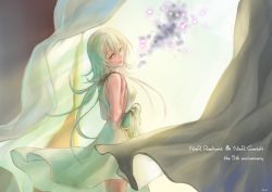 1girl bad_id bad_pixiv_id blush breasts dress female_focus long_hair nier nier_(series) short_hair smile solo spoilers wa_(87s-87) white_hair yonah