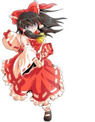 1girl alphes_(style) ascot between_fingers black_eyes black_hair black_shoes bow clenched_teeth commentary_request dairi detached_sleeves dress empty_eyes full_body hair_bow hair_tubes hakurei_reimu holding large_variant_set long_sleeves ofuda parody red_bow red_dress shaded_face shoes socks solo style_parody tachi-e teeth touhou transparent_background variant_set white_socks wide_sleeves