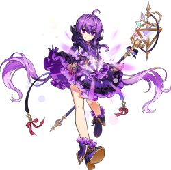 1girl ahoge aisha_landar bare_legs black_bow boots bow bowtie dress elsword floating_clothes floating_hair frilled_dress frilled_footwear frills full_body game_cg grin hair_between_eyes hair_bow happy highres holding holding_staff leg_up long_sleeves looking_at_viewer loose_hair_strand low_twintails magic magical_girl official_art purple_boots purple_bow purple_bowtie purple_dress purple_eyes purple_hair red_bow ress second-party_source short_dress smile solo staff tachi-e transparent_background twintails
