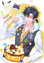1boy absurdres animal animal_on_shoulder badge birthday birthday_cake black_hair black_vest blue_eyes blueberry cake cat cat_on_shoulder cheng_xiaoshi cheng_xiaoshi_(dog) chinese_commentary collared_shirt cream cream_on_face dog fangs food food_on_face formal_clothes fruit hair_between_eyes happy_birthday headset highres holding holding_plate long_sleeves looking_at_animal low_ponytail lu_guang_(cat) male_focus momo459090 necktie official_alternate_costume open_mouth plate pochacco ponytail rabbit sanrio shiguang_dailiren shirt short_hair short_ponytail smile solo sticker strawberry upper_body vest white_shirt yellow_eyes yellow_necktie