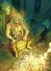 1boy 1girl blonde_hair breasts campfire cape chest_sarashi cleavage cleric_(senukin) closed_mouth commentary dragon_girl dragon_horns earrings english_commentary fire fish green_cape hair_over_one_eye hand_on_own_chin highres horned_warrior_(senukin) horns jewelry large_breasts long_hair looking_at_another mole mole_under_eye muscular muscular_female original outdoors pants priest red_eyes red_horns sarashi senukin sitting speech_bubble sweat textless_version unworn_armor