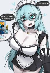 1girl 1other ace_glitch aqua_eyes aqua_hair bell black_collar breasts collar collarbone commentary condom double-parted_bangs english_commentary english_text eyeshadow hair_between_eyes hand_grab hatsune_miku heart highres holding holding_plate large_breasts long_eyelashes long_hair looking_at_viewer maid maid_headdress makeup neck_bell open_mouth plate sharp_teeth speech_bubble teeth vocaloid white_background