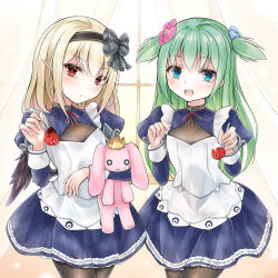 2girls apron blonde_hair blue_eyes collar dark_feather_alma emil_chronicle_online food fork fruit green_hair highres holding holding_stuffed_toy maid maid_apron multiple_girls open_mouth pantyhose pointy_ears red_eyes se34tai shabotan_alma strawberry stuffed_toy two_side_up