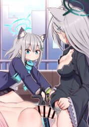 3girls animal_ear_fluff animal_ears ass bar_censor bicycle black_dress black_skirt blue_archive blue_eyes blue_halo blue_jacket blue_scarf breasts censored cross_hair_ornament dress erection female_pubic_hair futa_with_female futanari grey_hair hair_ornament halo highres hoshino_(blue_archive) jacket large_breasts lemon_snail long_hair long_sleeves looking_at_another medium_hair mismatched_pupils multiple_girls penis pubic_hair riding riding_bicycle scarf sex shiroko_(blue_archive) shiroko_terror_(blue_archive) shirt skirt testicles white_shirt wolf_ears