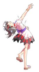 Rule 34 | 1girl, alphes (style), arm up, black hair, bracelet, brown sandals, commentary request, cone horns, dairi, defeat, dress, full body, grey horns, highres, horns, jewelry, kijin seija, large variant set, leaning back, medium hair, multicolored hair, outstretched arm, parody, puffy short sleeves, puffy sleeves, red hair, sandals, shaded face, short sleeves, small horns, solo, streaked hair, style parody, tachi-e, torn clothes, touhou, transparent background, variant set, white hair