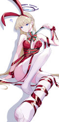 1girl ? absurdres adapted_costume animal_ears arm_at_side bare_shoulders blonde_hair blue_archive blue_eyes blue_halo bow braid breasts breasts_apart christmas closed_mouth commentary convenient_leg drop_shadow earrings expressionless fake_animal_ears feet foreshortening full_body green_ribbon hair_spread_out half_up_braid halo hand_up head_tilt highres jewelry knee_up la_la_la_rarmin leotard long_hair long_ribbon looking_at_viewer medium_breasts no_shoes official_alternate_costume official_alternate_hairstyle pantyhose playboy_bunny rabbit_ears red_bow red_leotard red_ribbon ribbon simple_background sitting solo straight_hair strapless strapless_leotard stud_earrings thighhighs thighs toki_(blue_archive) very_long_hair white_background white_pantyhose white_thighhighs wrist_bow