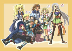1boy 6+girls anya_(suikoden) bad_id bad_pixiv_id black_hair blonde_hair brown_hair celica_yuki diadora_(suikoden) erin_(suikoden) gensou_suikoden gensou_suikoden_tierkreis glasses grey_hair harem hero_(suikoden_tierkreis) marica_(suikoden) marica_(suikoden_tierkreis) maybelle_(suikoden) moana multiple_girls pink_hair sisuca_(suikoden) thighhighs