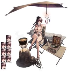 1girl bed between_breasts blunt_bangs bodysuit breasts chair covered_navel crossover dreamcatcher eve_(stellar_blade) food goddess_of_victory:_nikke highres impossible_clothes light_smile looking_at_viewer multiple_views official_art ponytail sitting skin_tight soup stellar_blade third-party_source vinyl_record white_background