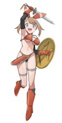 1girl :d absurdres armor armpits bikini_armor blue_eyes bow breasts brown_hair cosplay dragon_quest dragon_quest_iii full_body gloves hair_bow highres holding holding_shield holding_sword holding_weapon looking_at_viewer may_(pokemon) navel nintendo open_mouth pokemon pokemon_oras red_bow red_footwear red_gloves shield short_hair smile solo standing standing_on_one_leg sword tsuneshima warrior_(dq3) warrior_(dq3)_(cosplay) weapon white_background