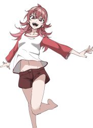 Rule 34 | 1girl, ahoge, bare legs, barefoot, brown shorts, collarbone, flipped hair, foot out of frame, groin, highres, idolmaster, idolmaster shiny colors, komiya kaho, long hair, looking at viewer, monya monya (tmsc7752), navel, raglan sleeves, red eyes, red hair, shorts, smile, solo, standing, standing on one leg, stomach